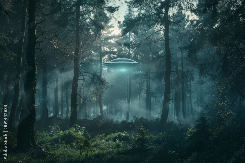 Poster unidentified flying object hovering over misty forest at night
