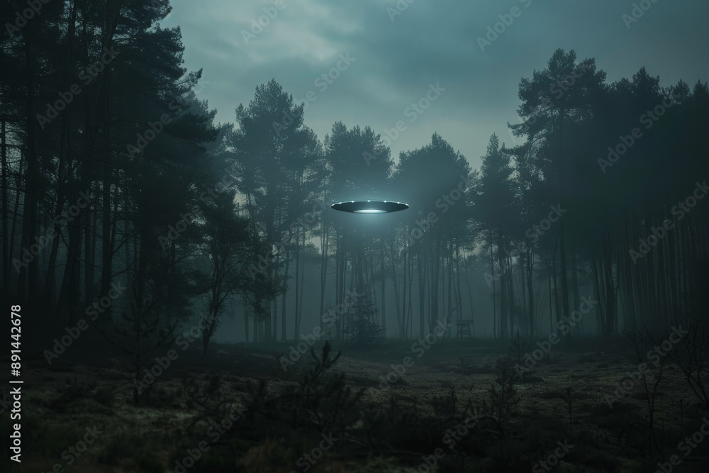 Poster unidentified flying object hovering over a forest at night