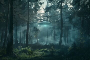 Unidentified flying object hovering over misty forest at night