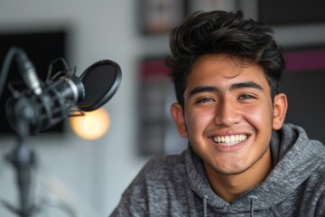 Young hispanic male podcaster smiling while recording audio podcast in home studio