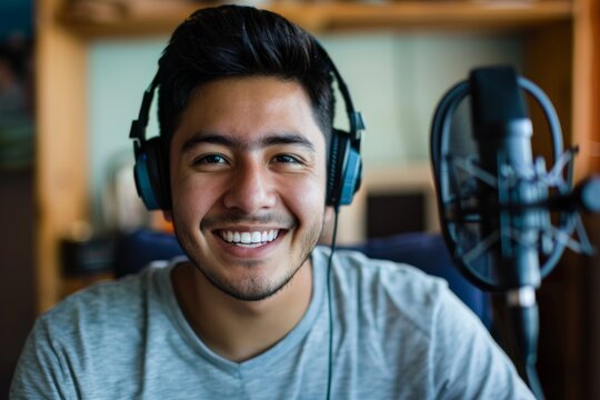 Young hispanic man recording a podcast and smiling wearing headphones - Powered by Adobe