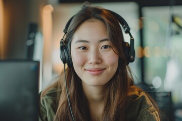 Young asian woman wearing headphones smiling while working on computer