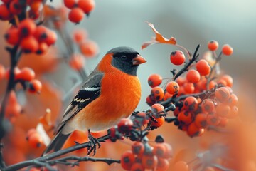 Fototapeta premium A beautiful close-up of a Eurasian bullfinch feeding on berries, with its bright orange breast standing out. 