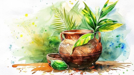 Watercolor illustration for bonalu with traditional indian pot.