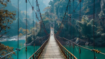 A pedestrian suspension bridge with people walking across, scenic river backdrop