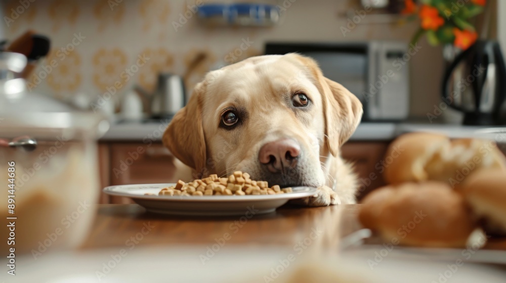 Poster A persistent labrador retriever stealing food from the counter, ignoring training commands