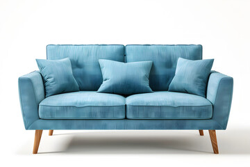 Fototapeta premium Modern Blue Sofa with Wooden Legs isolated on white background