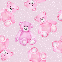 Watercolor seamless pattern with pink teddy bears.Soft toy.Romantic print.Bear toy endless background.Fabric design