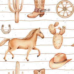 Watercolor wild west pattern.Horse pattern.Western beckground.American style.Fabric design © Victoria
