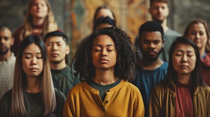 A diverse group of people meditating together, eyes closed, with peaceful expressions.