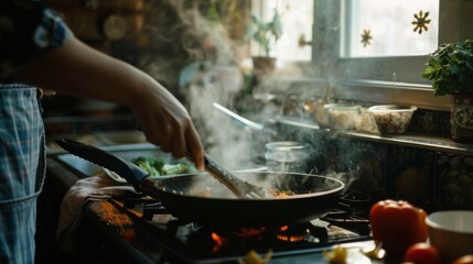 A person cooking in a kitchen with smoke rising from a sizzling pan, preparing a delicious meal