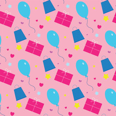 Holiday pink background, birthday, seamless pattern, colorful objects on white background