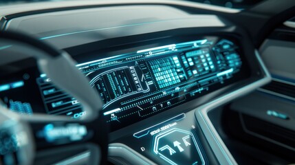 A futuristic car dashboard with a digital display showing blue glowing lines and codes, symbolizing high-speed data processing. The interior of the car is clean and modern, with gray and white tones.