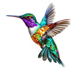 Colorful flying hummingbird isolated on a white background