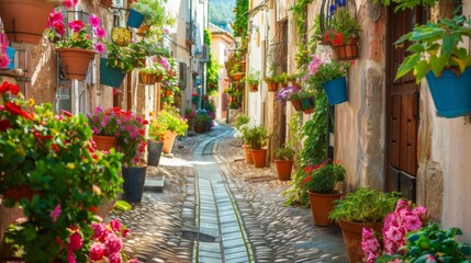 A picturesque alleyway with flower pots hanging from the walls and cobblestones