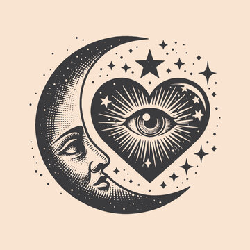 Heart with eye and moon. Isoteric, occult, magical vector illustration. vintage black engraving, emblem, logo. tattoo sketch, print	