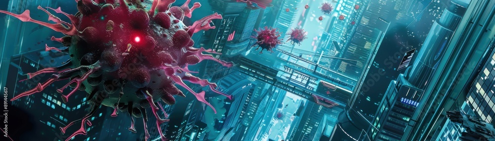 Poster cyber beast unleashed: monstrous computer virus corrupting virtual cityscape with menacing intensity