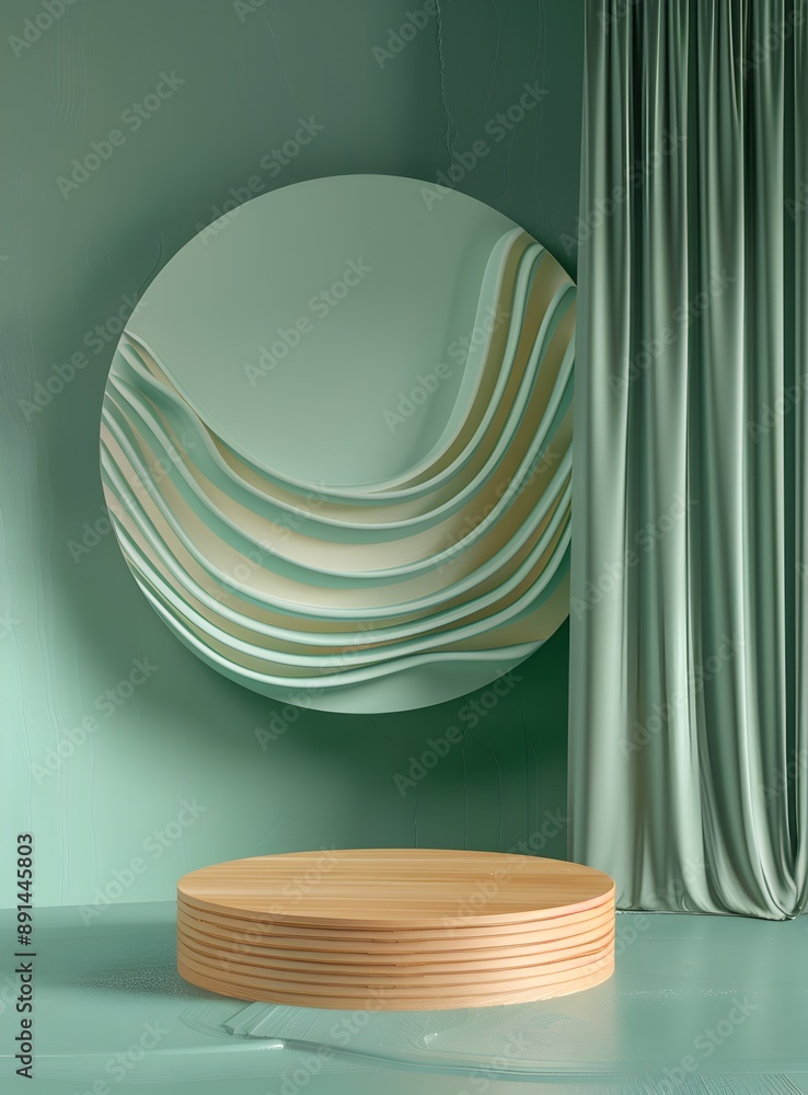 Poster 3d rendered abstract background with empty space and green wavy stripes pattern on a pastel mint col