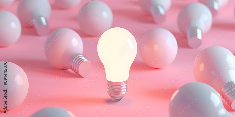Poster a glowing light bulb surrounded by multiple white bulbs on a simple background, symbolizing innovati