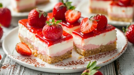 A plate of strawberry cheesecake slices, decadent and creamy