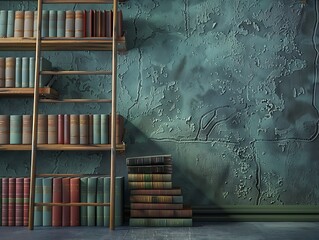 A modern library scene featuring an organized display of books in various shades, with a wooden ladder leaning against a textured wall for a hint of vintage charm.