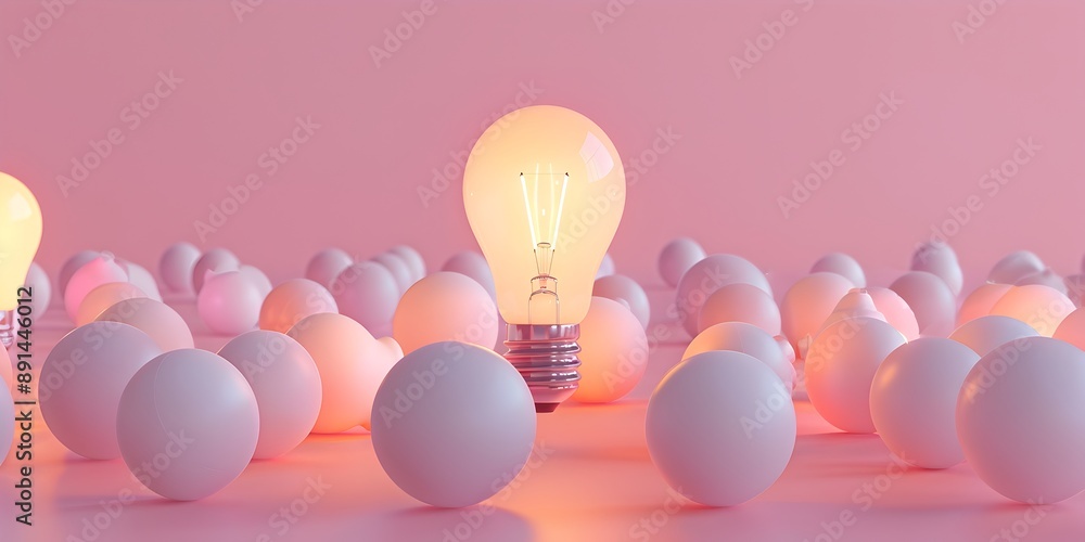 Poster a glowing light bulb surrounded by multiple white bulbs on a simple background, symbolizing innovati