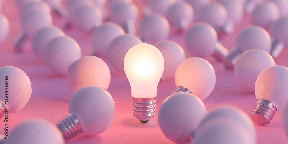 Poster a glowing light bulb surrounded by multiple white bulbs on a simple background, symbolizing innovati
