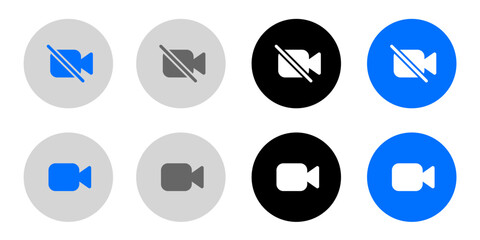 Camera Off icon. No video sign. Camera mute symbol. Disable cam pictogram. Camcorder web illustration. Grey, blue and black button.