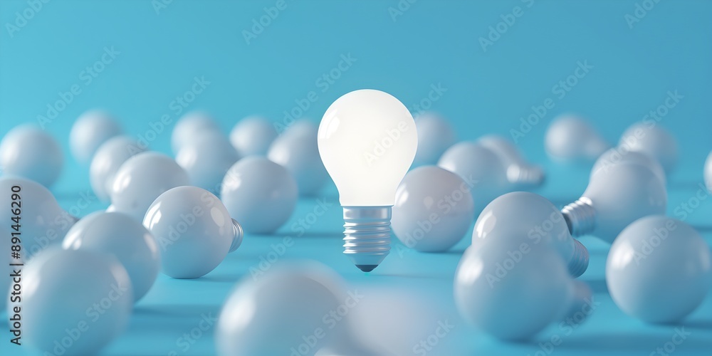 Poster a glowing light bulb surrounded by multiple white bulbs on a simple background, symbolizing innovati