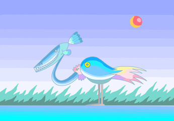 架空の動物のイラスト - 鳥・魚・草むら・水辺・太陽