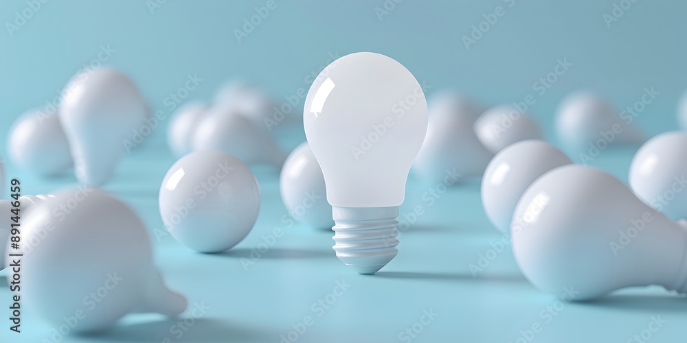 Poster a glowing light bulb surrounded by multiple white bulbs on a simple background, symbolizing innovati
