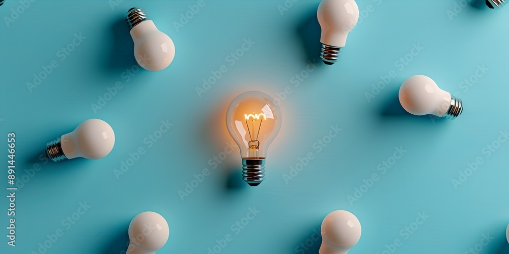 Poster a glowing light bulb surrounded by multiple white bulbs on a simple background, symbolizing innovati