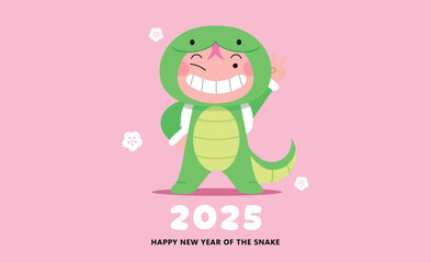 Cute child character with zodiac snake costume 2025 new year card. Chinese new year of the snake 2025 vector illustration.