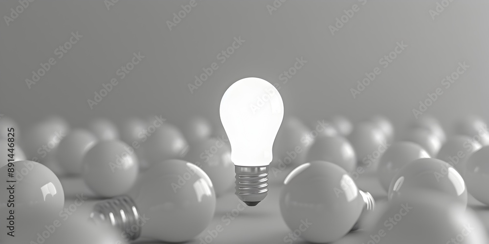 Poster a glowing light bulb surrounded by multiple white bulbs on a simple background, symbolizing innovati