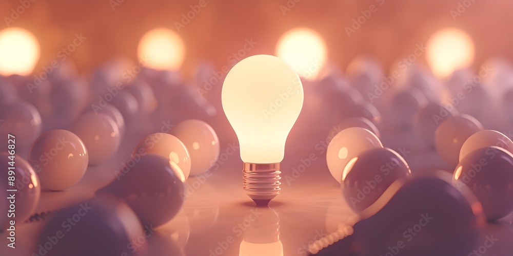 Poster a glowing light bulb surrounded by multiple white bulbs on a simple background, symbolizing innovati