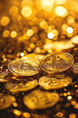 A pile of gold coins with a symbol on top features lighting effects and a bokeh effect, creating depth of field.