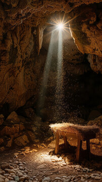 A cave, where a significant event took place, houses an empty manger and is illuminated by a bright star from above.