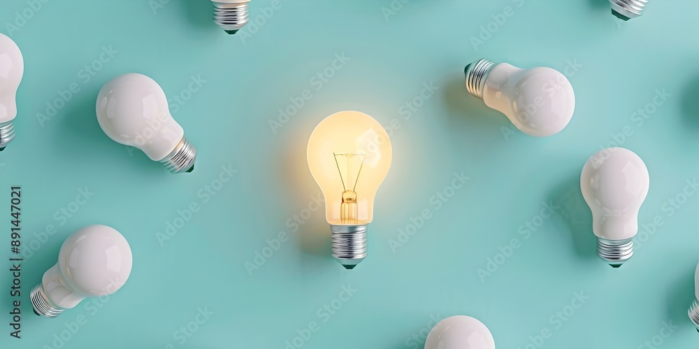 Poster a glowing light bulb surrounded by multiple white bulbs on a simple background, symbolizing innovati