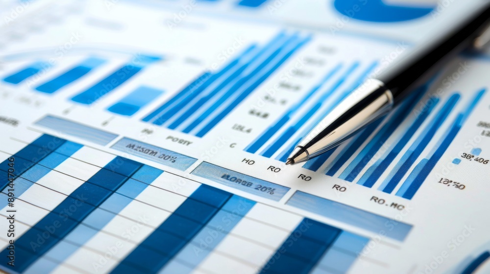 Aufkleber A printed annual report with bar graphs and financial performance metrics