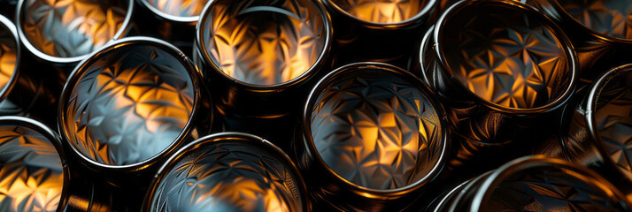 Steel pipes, stacked in rows and overlapping, are focused on their shiny surface and clean appearance against a dark background to highlight the metallic texture.