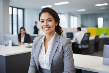 Smiling Hispanic businesswoman in gray business suit sitting at desk in modern office