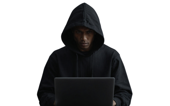 A human in black hoodie using a laptop with transparent background