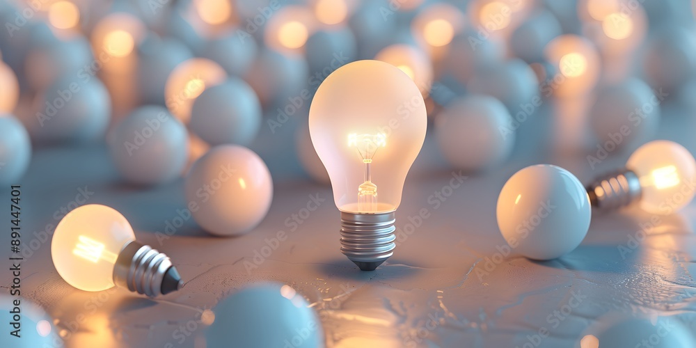 Poster a glowing light bulb surrounded by multiple white bulbs on a simple background, symbolizing innovati
