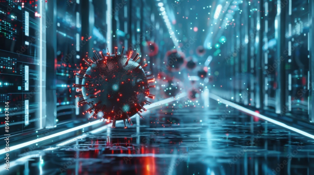 Poster cyber chaos unleashed: computer virus digital storm sweeping data servers dramatically