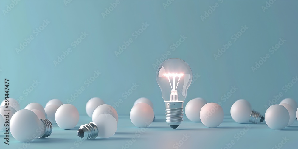 Poster a glowing light bulb surrounded by multiple white bulbs on a simple background, symbolizing innovati