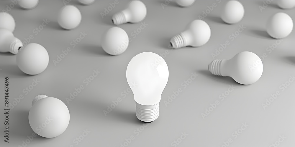 Poster a glowing light bulb surrounded by multiple white bulbs on a simple background, symbolizing innovati