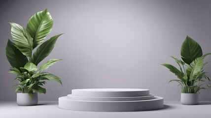 presentation podium, green leafy podium for product presentation on gray background
