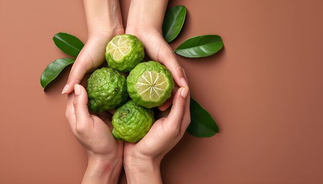 Woman holding pile of fresh ripe bergamot fruits on brown background, closeup. Space for text