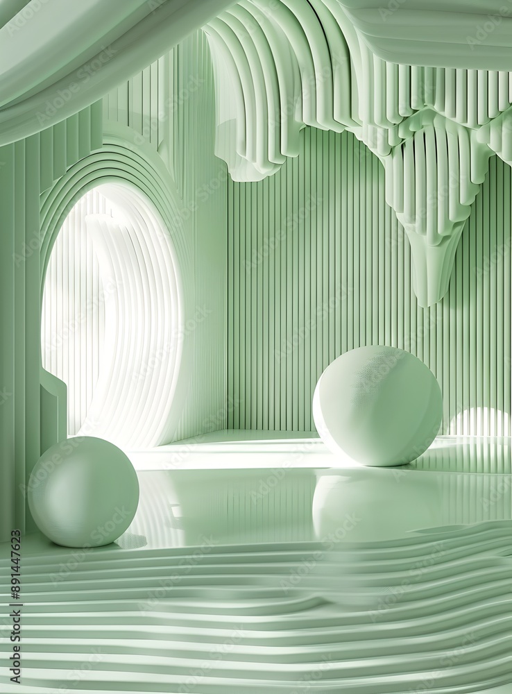 Poster 3d rendered abstract background with empty space and green wavy stripes pattern on a pastel mint col