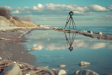 Fototapeta premium Tranquil Shoreline Scene with a Camera on a Tripod Reflecting in Water